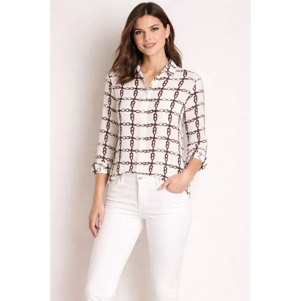 Talbots Petite Chain Print Blouse LP Women Button Front Top